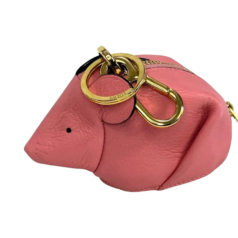 Loewe Leather Mouse Coin Purse Charm Keychain Pouch Candy Pink Gold Tone Spain